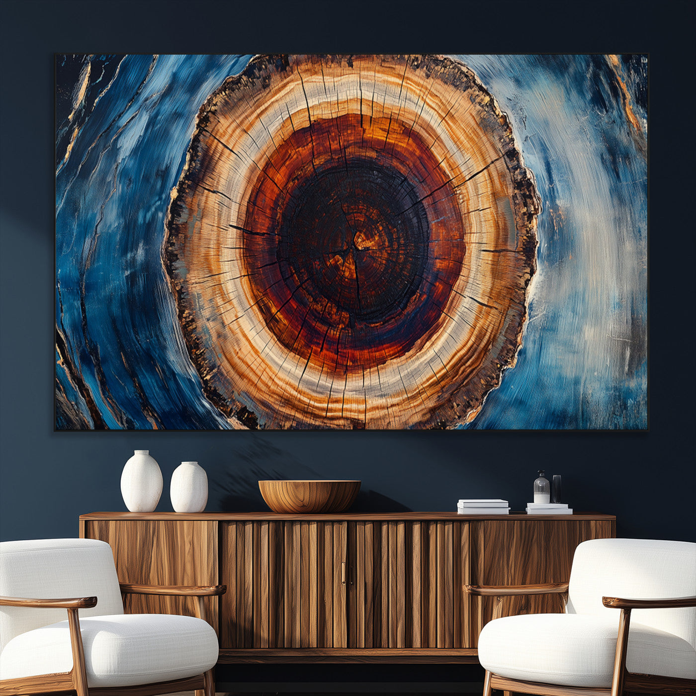 30457-SEG-FC-51X34_Oversize_Oversize-Tree Ring Abstract Wall Art – Blue and Brown Wood Grain Canvas Print, Modern Nature Inspired Painting for Rustic Living Room,