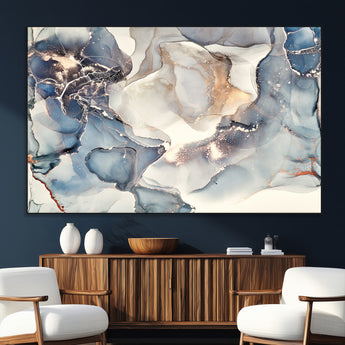 51497-SEG-FC-51X34_Oversize_Oversize-Abstract Blue and Gold Wall Art – Modern Fluid Ink Style Canvas Print, Elegant Contemporary Decor for Living Room, Office