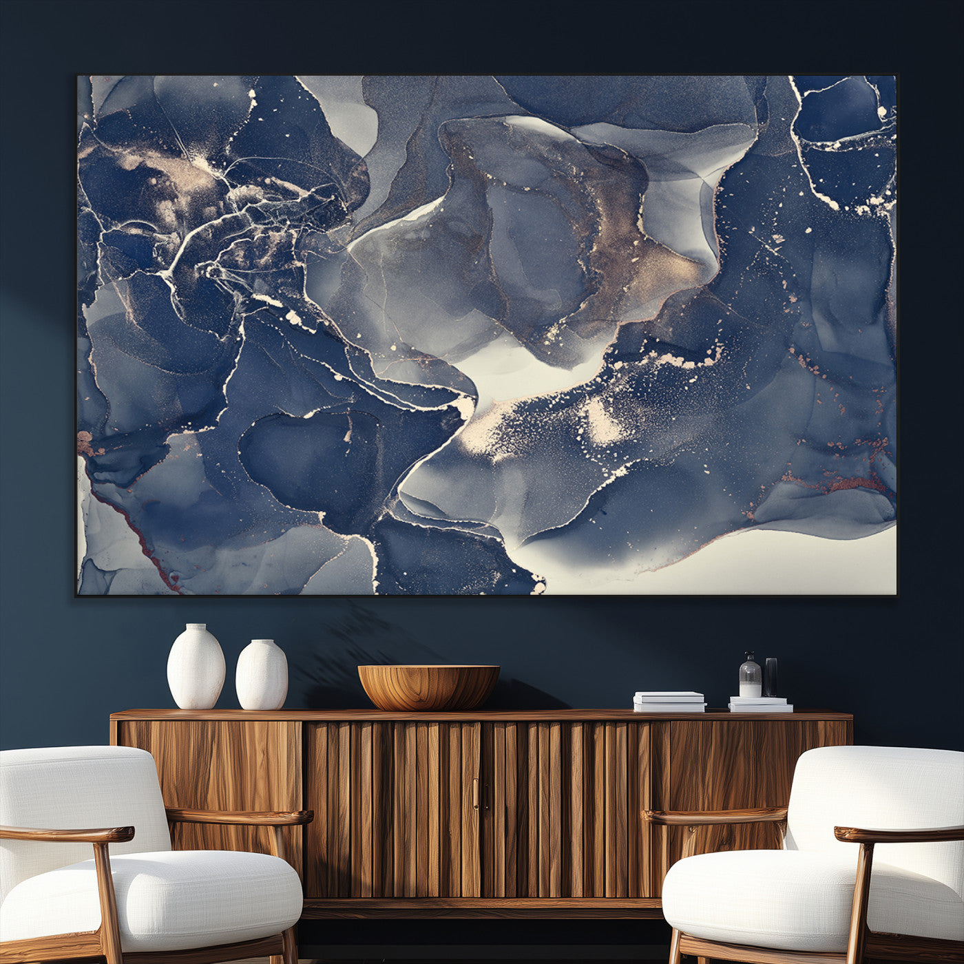 28282-SEG-FC-51X34_Oversize_Oversize-Blue Abstract Wall Art – Modern Ink Swirl Canvas Print, Contemporary Navy and Gold Painting for Living Room, Bedroom, Office or