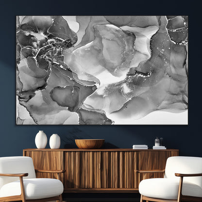15911-SEG-FC-51X34_Oversize_Oversize-Black and White Abstract Wall Art – Modern Ink Swirl Canvas Print, Minimalist Contemporary Painting for Living Room, Bedroom,