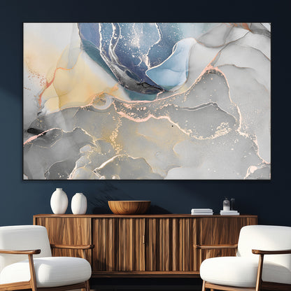 18176-SEG-FC-51X34_Oversize_Oversize-Abstract Fluid Wall Art – Modern Marble Ink Canvas Print with Blue, Gold, and Gray Tones, Contemporary Minimal Artwork Decor for