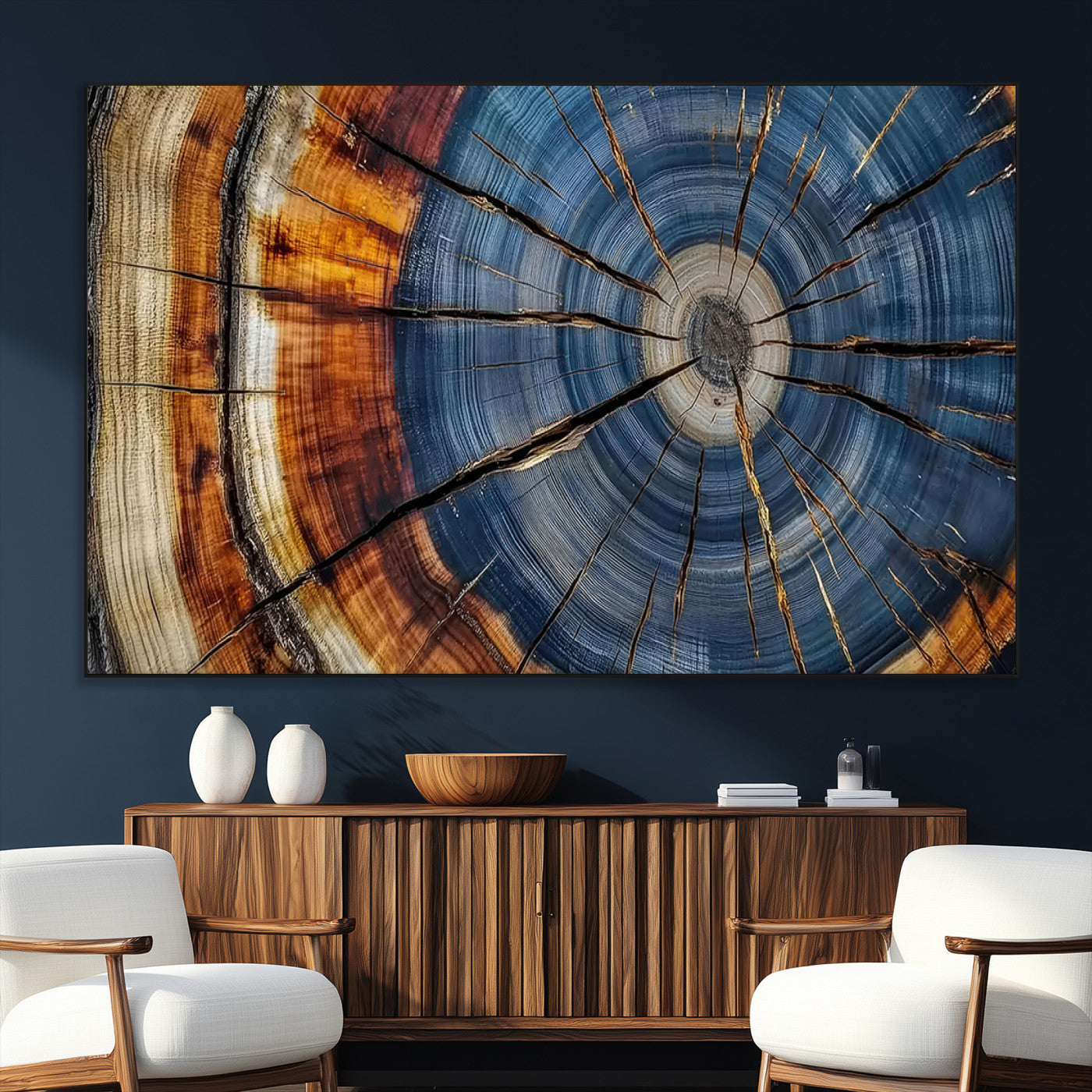 10583-SEG-FC-51X34_Oversize_Oversize-Tree Ring Wall Art – Abstract Wood Grain Canvas Print with Blue and Brown Tones, Nature Inspired Rustic Artwork for Living Room,