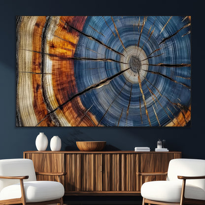 10583-SEG-FC-51X34_Oversize_Oversize-Tree Ring Wall Art – Abstract Wood Grain Canvas Print with Blue and Brown Tones, Nature Inspired Rustic Artwork for Living Room,