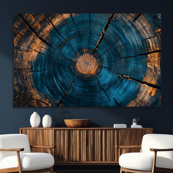 13398-SEG-FC-51X34_Oversize_Oversize-Tree Ring Wall Art – Abstract Wood Grain Canvas Print with Blue and Orange Accents, Rustic Nature Inspired Artwork for Living