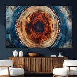 90395-SEG-FC-51X34_Oversize_Oversize-Tree Ring Wall Art – Abstract Wood Grain Canvas Print with Fiery Red and Blue Tones, Bold Rustic Nature Inspired Artwork Decor for