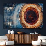 48045-SEG-FC-51X34_Oversize_Oversize-Tree Ring Abstract Wall Art – Rustic Wood Grain Canvas Print with Brown Center and Blue Brush Strokes, Nature Inspired Artwork for