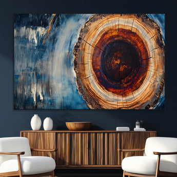 48045-SEG-FC-51X34_Oversize_Oversize-Tree Ring Abstract Wall Art – Rustic Wood Grain Canvas Print with Brown Center and Blue Brush Strokes, Nature Inspired Artwork for
