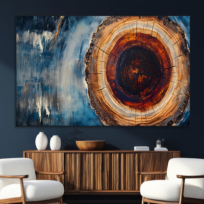 48045-SEG-FC-51X34_Oversize_Oversize-Tree Ring Abstract Wall Art – Rustic Wood Grain Canvas Print with Brown Center and Blue Brush Strokes, Nature Inspired Artwork for