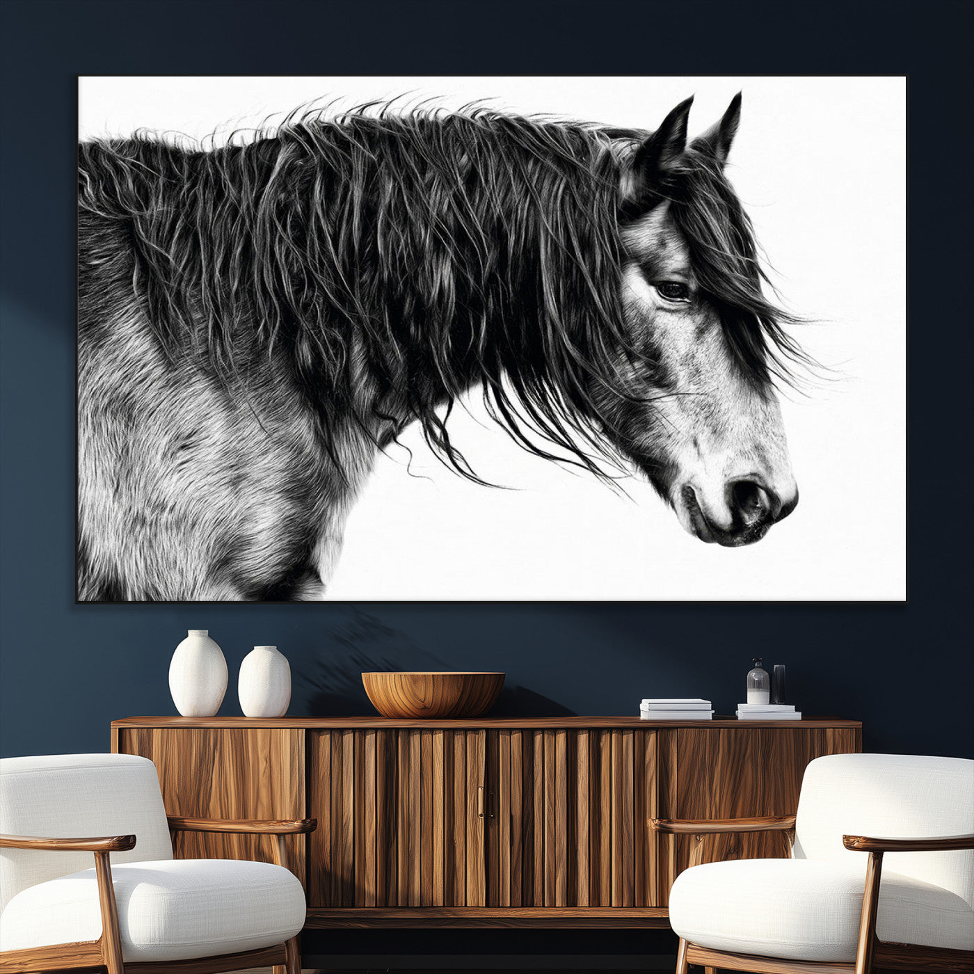 57694-SEG-FC-51X34_Oversize_Oversize-Horse Portrait Wall Art – Black and White Canvas Print with Detailed Stallion Profile, Rustic Farmhouse Equestrian Artwork for