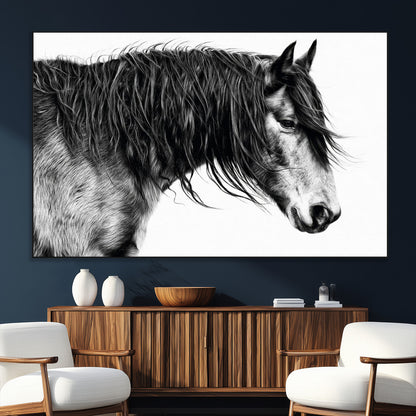 57694-SEG-FC-51X34_Oversize_Oversize-Horse Portrait Wall Art – Black and White Canvas Print with Detailed Stallion Profile, Rustic Farmhouse Equestrian Artwork for