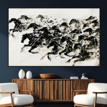 23069-SEG-FC-51X34_Oversize_Oversize-Galloping Horses Wall Art – Black Ink Painting on Canvas, Dynamic Equestrian Artwork with Running Stallions, Expressive Modern