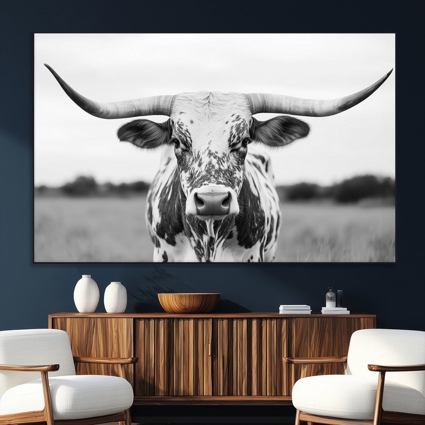 20272-SEG-FC-51X34_Oversize_Oversize-Texas Longhorn Wall Art – Black and White Cowboy Western Canvas Print, Rustic Farmhouse Cattle Photography Decor for Ranch, Barn