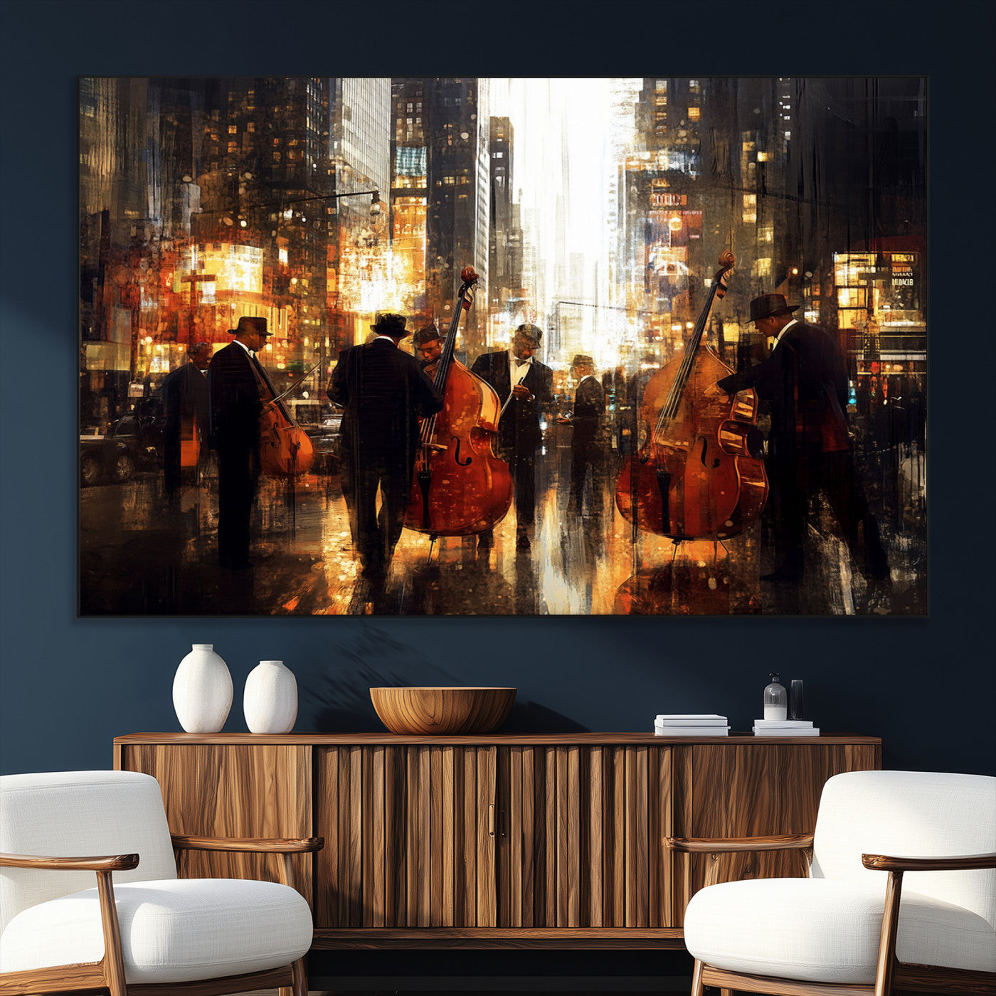 58782-MGV-CV-36X24-Jazz Musicians Cityscape Wall Art – Vibrant Urban Night Canvas Print, Elegant Music Themed Decor for Living Room, Office, or Music