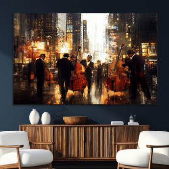 58782-MGV-CV-36X24-Jazz Musicians Cityscape Wall Art – Vibrant Urban Night Canvas Print, Elegant Music Themed Decor for Living Room, Office, or Music