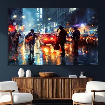 94605-SEG-FC-51X34_Oversize_Oversize-City Jazz Night Wall Art – Vibrant Music Canvas Print Featuring Saxophone, Guitar and Bass Players, Urban Street Scene Artwork for