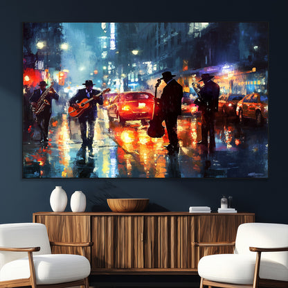 94605-SEG-FC-51X34_Oversize_Oversize-City Jazz Night Wall Art – Vibrant Music Canvas Print Featuring Saxophone, Guitar and Bass Players, Urban Street Scene Artwork for
