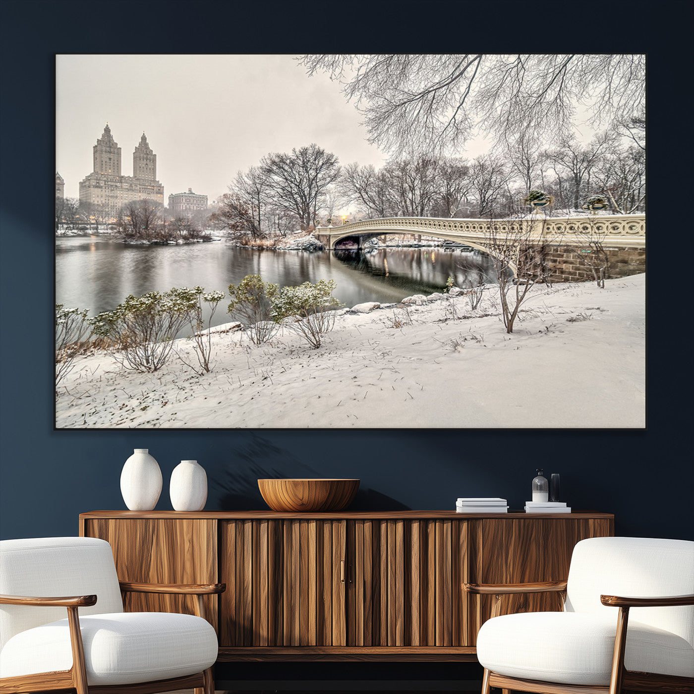 60292-SEG-FC-51X34_Oversize_Oversize-Central Park Winter Wall Art – Snowy Bow Bridge Canvas Print, Scenic New York City Landscape Photography for Living Room, Bedroom