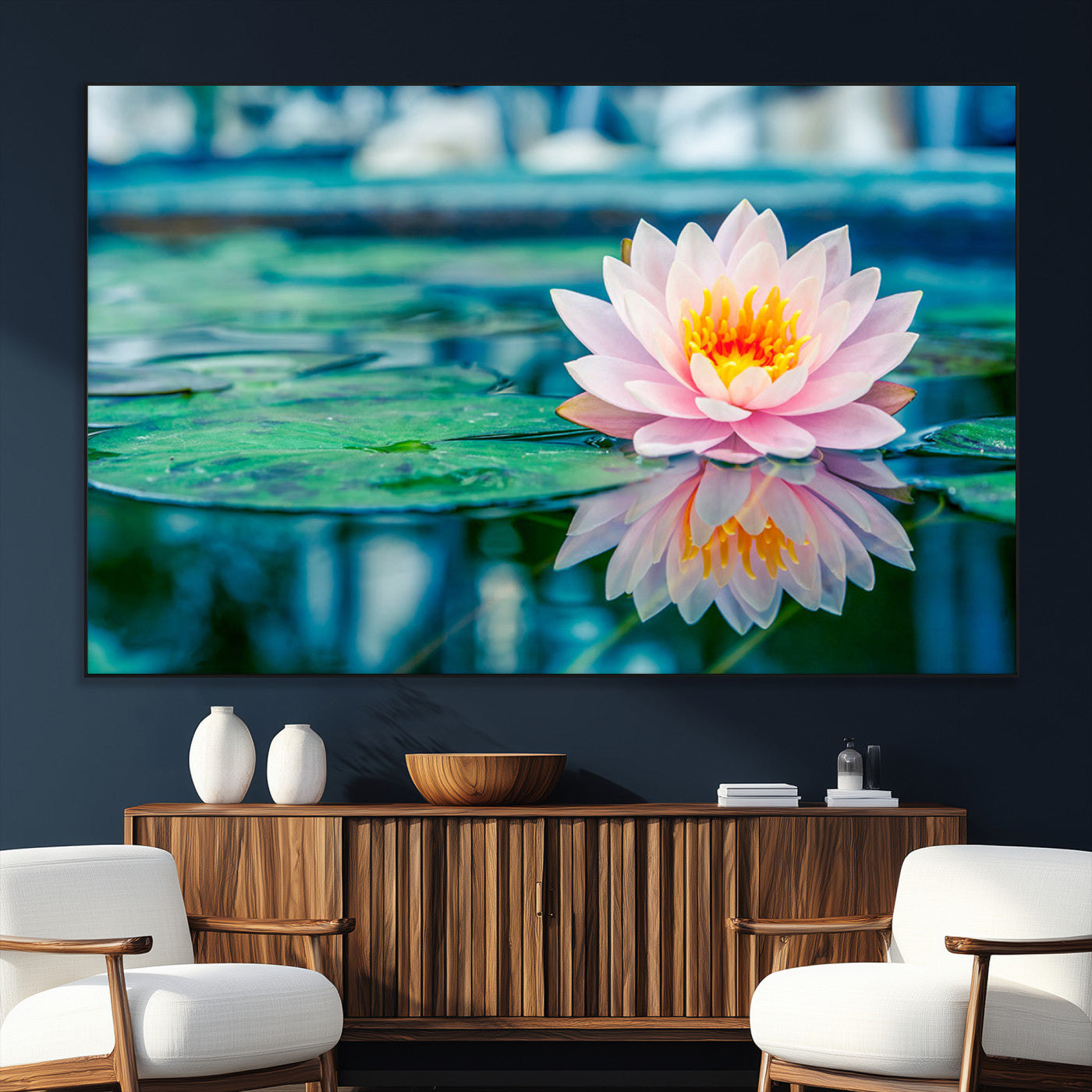 65933-SEG-FC-51X34_Oversize_Oversize-Pink Water Lily Wall Art – Lotus Flower Canvas Print with Reflection on Calm Water, Peaceful Botanical Artwork for Living Room,