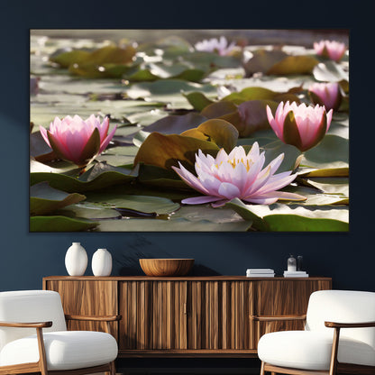 72218-SEG-FC-51X34_Oversize_Oversize-Water Lily Pond Wall Art – Pink Lotus Flowers Canvas Print with Green Lily Pads, Peaceful Botanical Artwork for Living Room,
