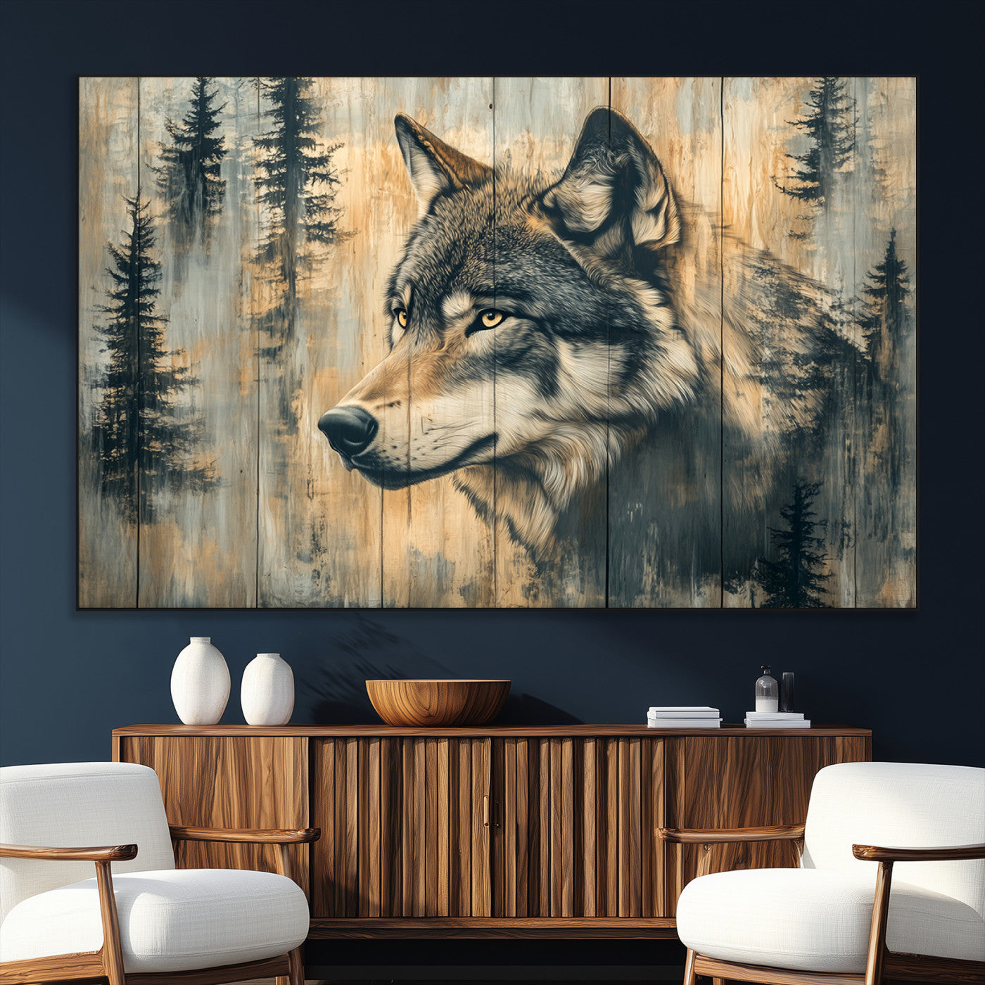 51892-MGV-CV-36X24-Wolf Wall Art – Rustic Canvas Print of Wolf with Forest Trees on Wood Texture, Wildlife Lodge Artwork for Living Room, Bedroom,