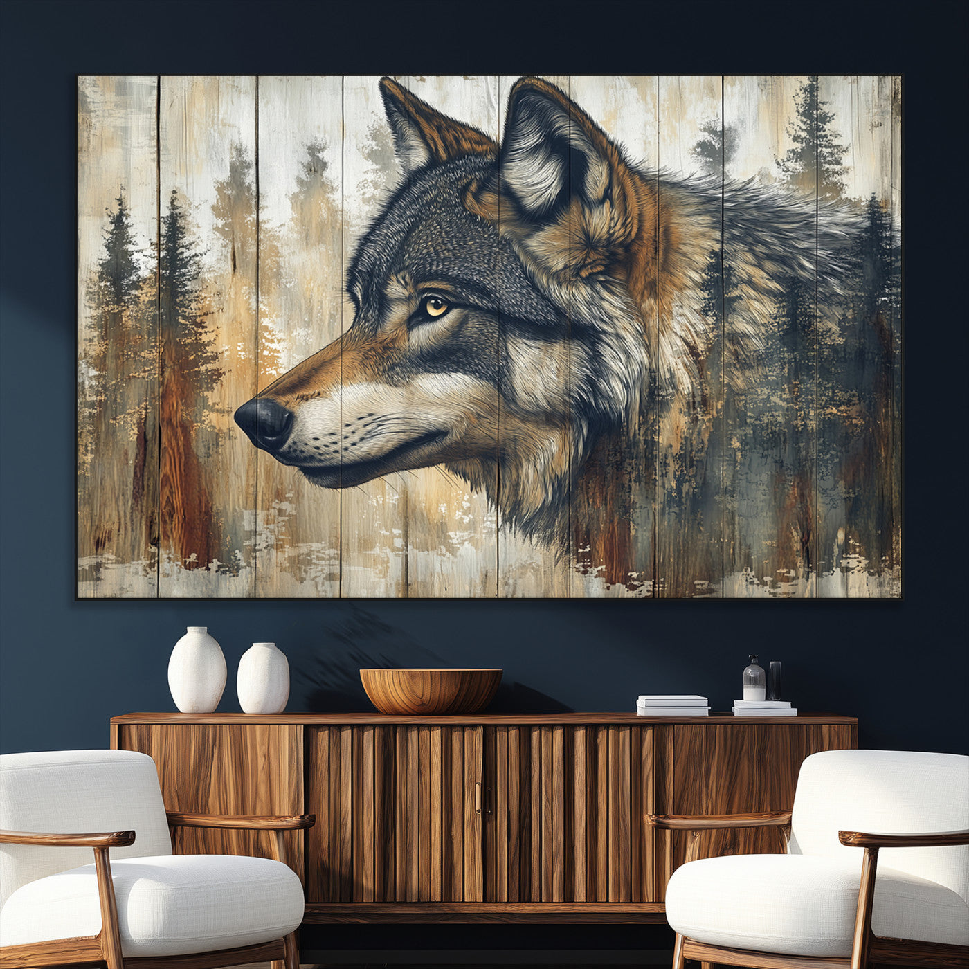 91882-SEG-FC-51X34_Oversize_Oversize-Wolf Wall Art – Rustic Canvas Print of Forest Wolf on Wood Background, Wildlife Lodge Artwork for Living Room, Bedroom, Cabin, or