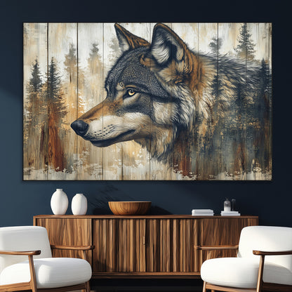 91882-SEG-FC-51X34_Oversize_Oversize-Wolf Wall Art – Rustic Canvas Print of Forest Wolf on Wood Background, Wildlife Lodge Artwork for Living Room, Bedroom, Cabin, or