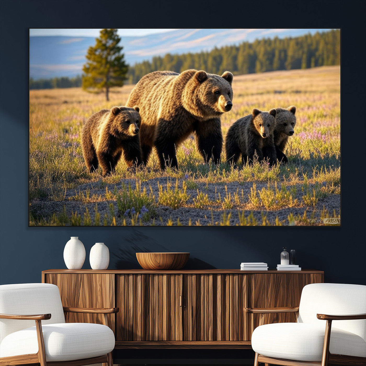 43400-MGV-CV-36X24-Bear Family Wall Art – Wildlife Canvas Print of Mother Bear with Cubs in Sunlit Meadow, Rustic Animal Artwork for Living Room,