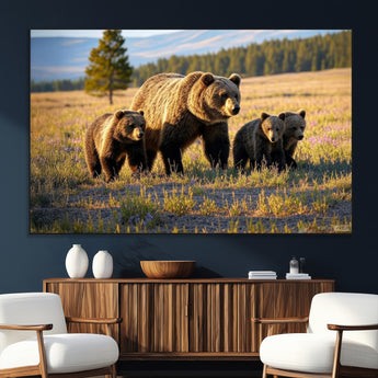 43400-MGV-CV-36X24-Bear Family Wall Art – Wildlife Canvas Print of Mother Bear with Cubs in Sunlit Meadow, Rustic Animal Artwork for Living Room,