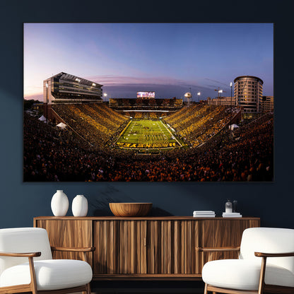 82557-MGV-CV-36X24-College Football Stadium Wall Art – Panoramic Sunset Canvas Print with Marching Band and Game Day Crowd, Sports Artwork for Man