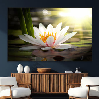 60352-SEG-FC-51X34_Oversize_Oversize-White Water Lily Wall Art – Lotus Flower Canvas Print with Sunlight Reflection, Peaceful Botanical Artwork for Living Room,