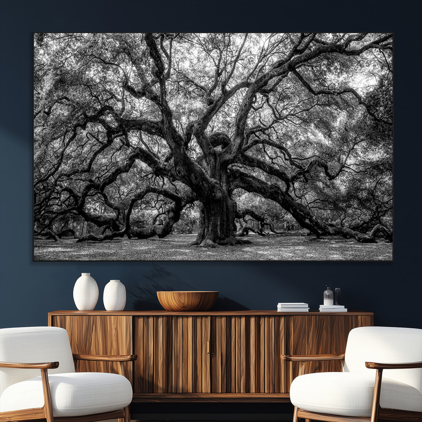 132944706-SEG-FC-51X34_Oversize_Oversize-Ancient Tree Wall Art – Black and White Photography Canvas Print Featuring Majestic Twisting Branches, Rustic Nature Artwork for