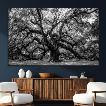 132944706-SEG-FC-51X34_Oversize_Oversize-Ancient Tree Wall Art – Black and White Photography Canvas Print Featuring Majestic Twisting Branches, Rustic Nature Artwork for