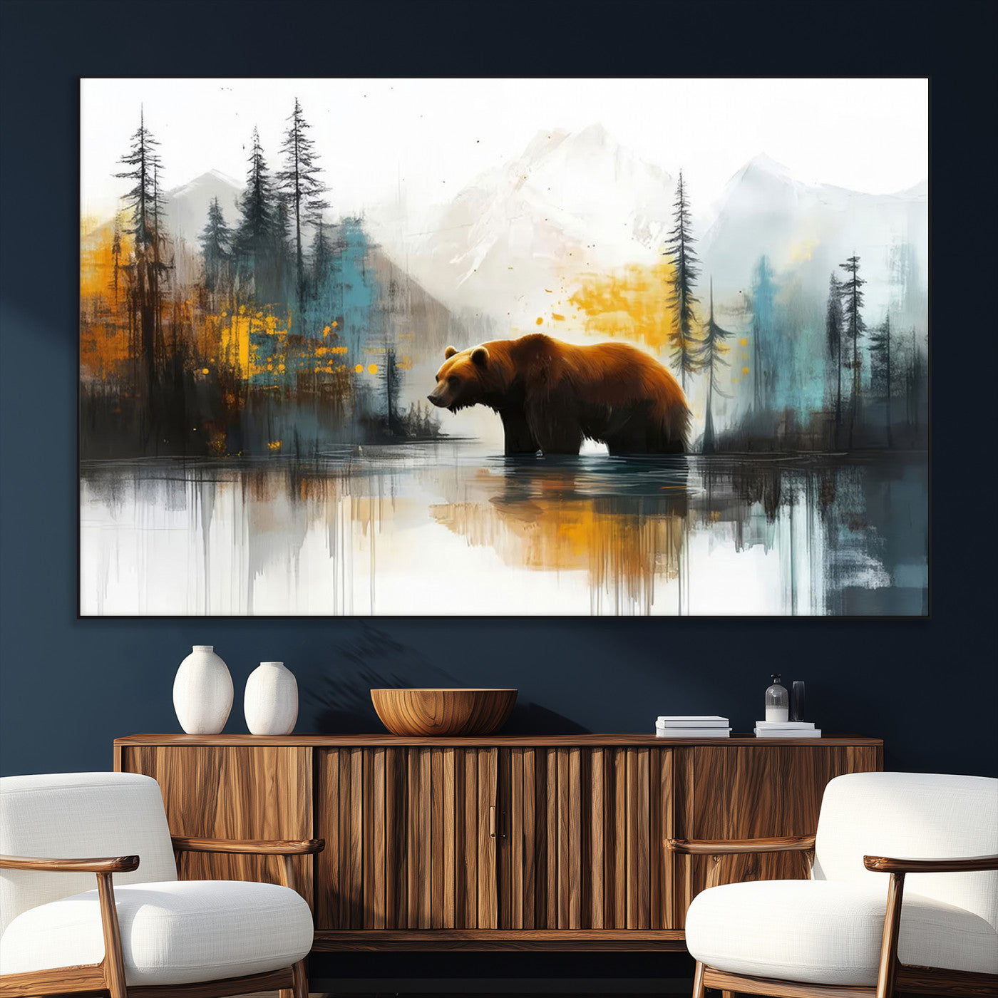 50308-SEG-FC-51X34_Oversize_Oversize-Bear Wilderness Wall Art – Mountain Forest Canvas Print, Rustic Cabin Decor with Wildlife Landscape, Nature Artwork for Lodge,