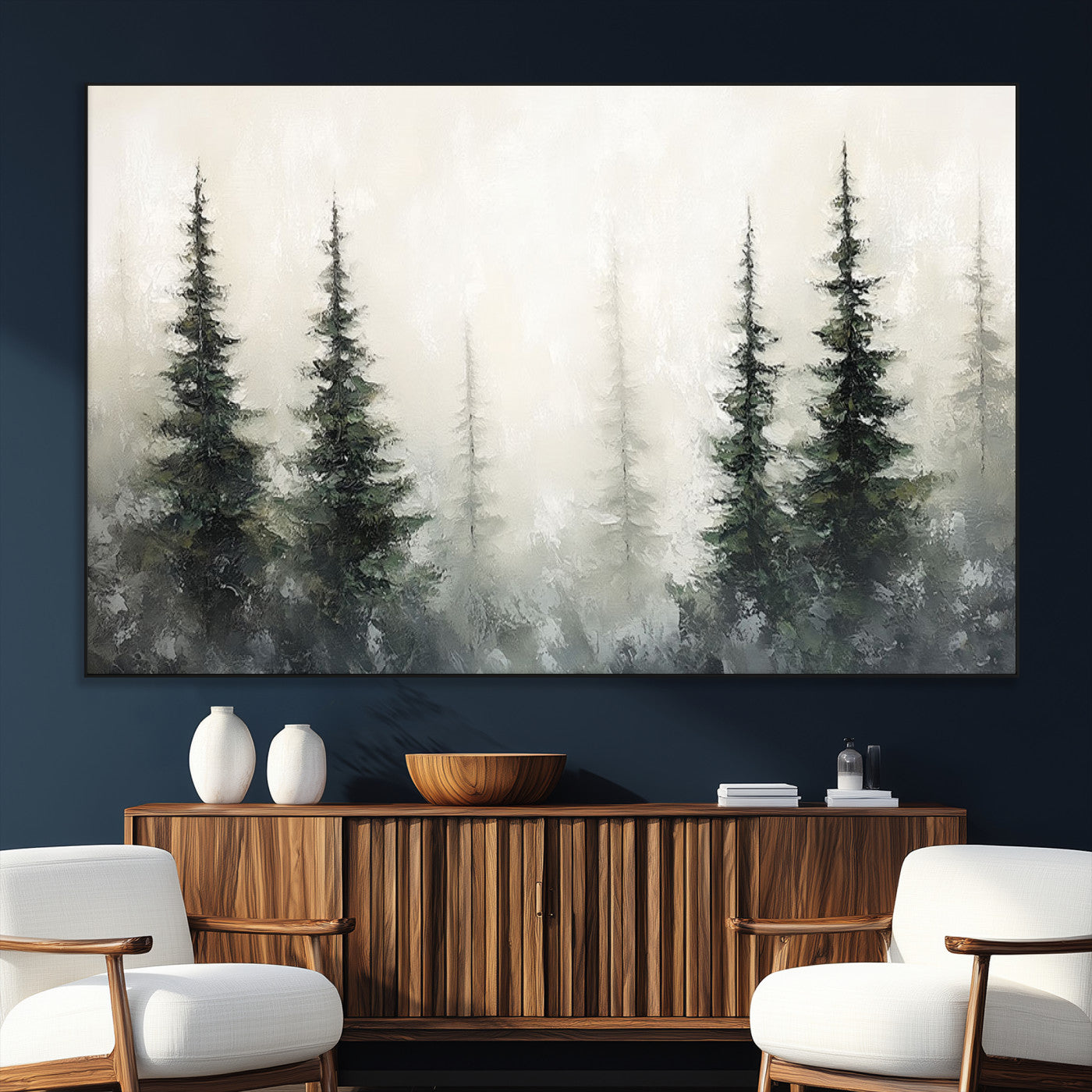 33241-SEG-FC-51X34_Oversize_Oversize-Misty Forest Wall Art Canvas Print, Framed Foggy Pines Art Picture Print, Forest Haze Perfect Rustic Minimalist Decor Artwork