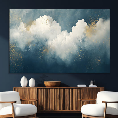 75131-SEG-FC-51X34_Oversize_Oversize-Abstract Cloud Wall Art – Modern Canvas Print Featuring Blue and White Clouds with Golden Accents, Contemporary Artwork for Living
