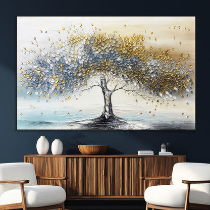 24771-SEG-FC-51X34_Oversize_Oversize-Silver Tree Wall Art Canvas Print, Framed Golden Leaves Art Picture Print, Metallic Tree Perfect Minimalist Luxury Decor Artwork