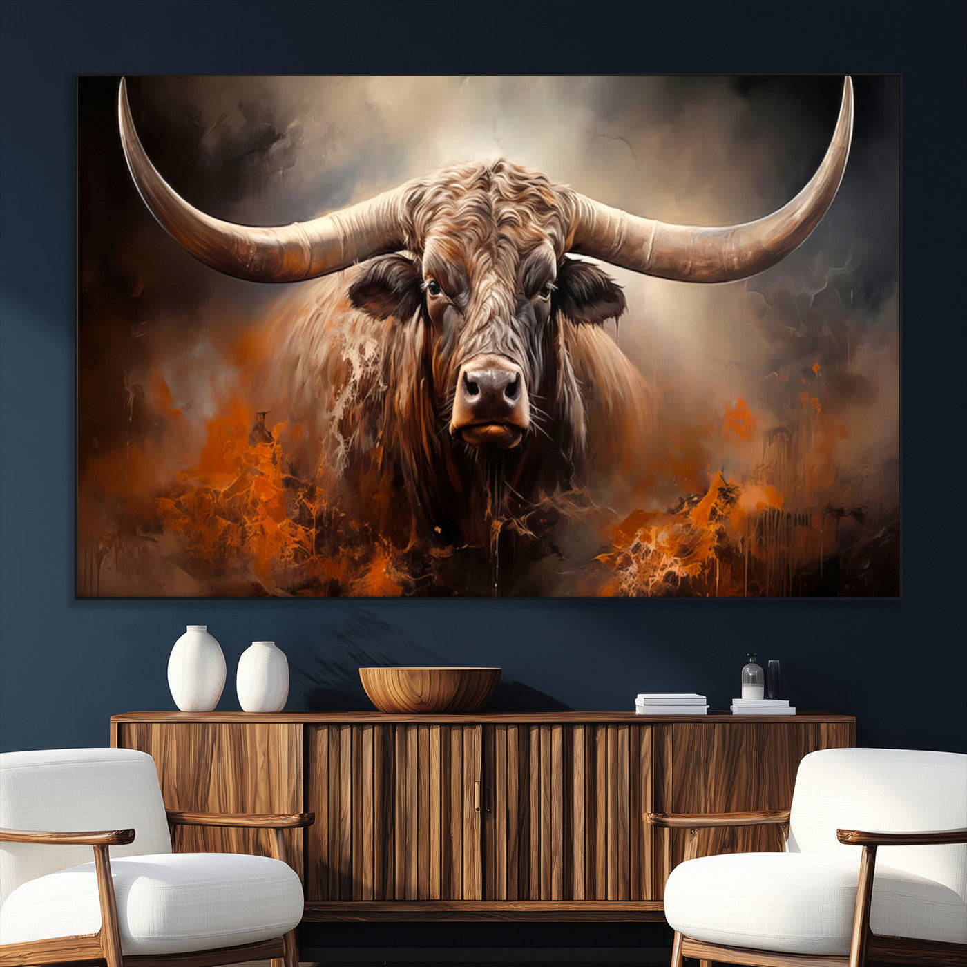 240479-SEG-FC-51X34_Oversize_Oversize-Longhorn Bull Wall Art – Dramatic Western Canvas Print Featuring Horned Bull with Fiery Background, Rustic Farmhouse Artwork for