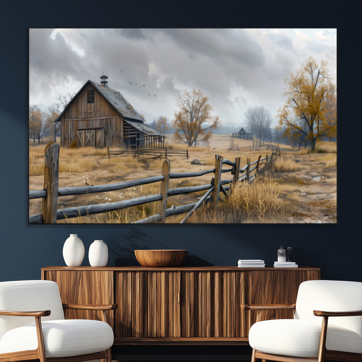 Farm1-MGV-CV-36X24-Rustic Autumn Farmhouse Wall Art – Serene Countryside Scene Canvas Print, Weathered Barn and Autumn Trees Decor for Living Room,