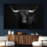 97914921-SEG-FC-51X34_Oversize_Oversize-Black Bull Wall Art Canvas Print, Framed Longhorn Bull Art Picture Print, Western Bull Perfect Monochrome Western Decor Artwork