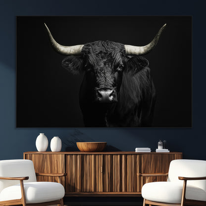 97914921-SEG-FC-51X34_Oversize_Oversize-Black Bull Wall Art Canvas Print, Framed Longhorn Bull Art Picture Print, Western Bull Perfect Monochrome Western Decor Artwork