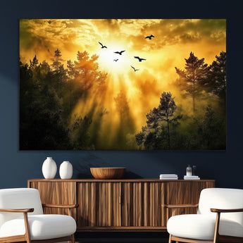 13776802-SEG-FC-51X34_Oversize_Oversize-Golden Forest Wall Art Canvas Print, Framed Sunset Pines Art Picture Print, Flying Birds Perfect Nature Glow Decor Artwork