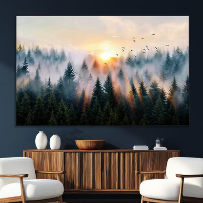 56391411-SEG-FC-51X34_Oversize_Oversize-Misty Forest Wall Art Canvas Print, Framed Sunrise Pines Art Picture Print, Moody Pines Perfect Serene Woodland Decor Artwork