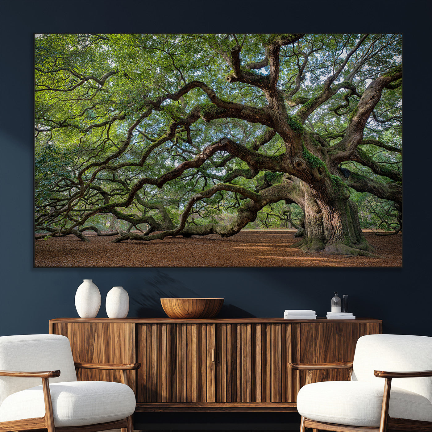 SEG-FC-51X34_Oversize - Historic Tree Wall Art Canvas Print, Framed Mossy Tree Art Picture Print, Twisted Branches Perfect Nature Southern Decor Artwork