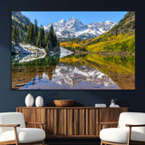 87724099-SEG-FC-51X34_Oversize_Oversize-Maroon Bells Wall Art Canvas Print, Framed Snowy Mountains Art Picture Print, Pine Forest Perfect Vibrant Alpine Decor Artwork