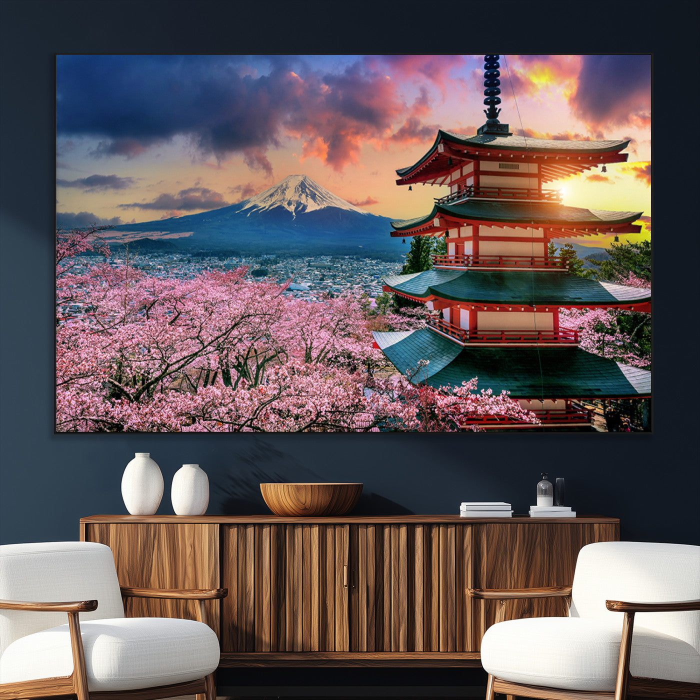 32331262-MGV-CV-36X24-Mount Fuji Japan Wall Art – Cherry Blossom Landscape Canvas Print, Chureito Pagoda Sunset Photography, Japanese Nature Travel