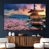 32331262-MGV-CV-36X24-Mount Fuji Japan Wall Art – Cherry Blossom Landscape Canvas Print, Chureito Pagoda Sunset Photography, Japanese Nature Travel