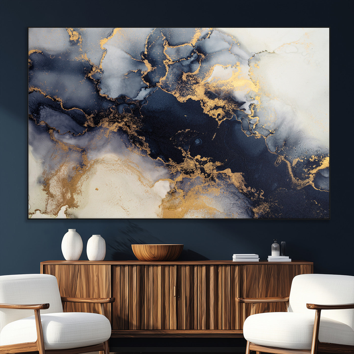 41136487-SEG-FC-51X34_Oversize_Oversize-Black Marble Wall Art Canvas Print, Framed Gold Veins Art Picture Print, Abstract Texture Perfect Moody Luxe Decor Artwork