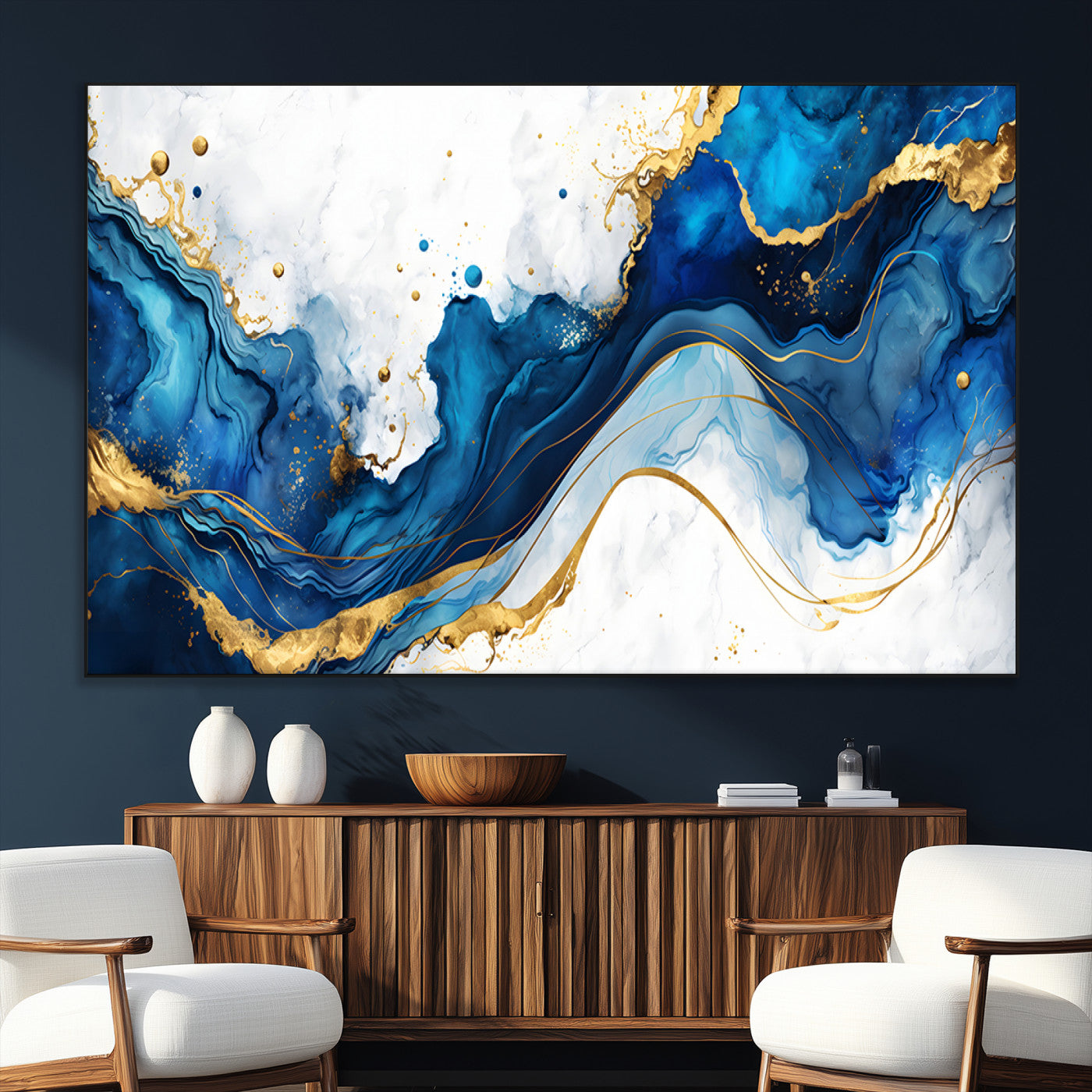 33506371-SEG-FC-51X34_Oversize_Oversize-Blue Marble Wall Art Canvas Print, Framed Gold Splash Art Picture Print, Abstract Wave Perfect Modern Luxe Decor Artwork