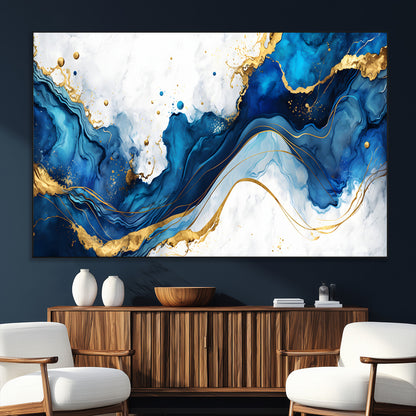 33506371-SEG-FC-51X34_Oversize_Oversize-Blue Marble Wall Art Canvas Print, Framed Gold Splash Art Picture Print, Abstract Wave Perfect Modern Luxe Decor Artwork