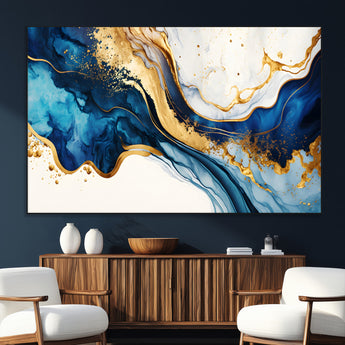 60283636-SEG-FC-51X34_Oversize_Oversize-Blue Gold Flow Wall Art Canvas Print, Framed Marble Texture Art Picture Print, Elegant Splash Perfect Elegant Abstract Decor